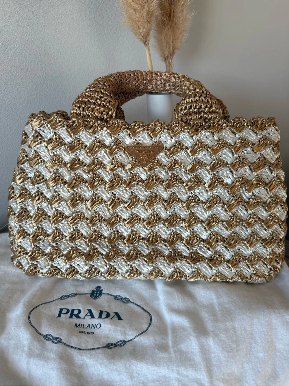 Prada Triangle Raffia Canapa Tote -  Gold & White